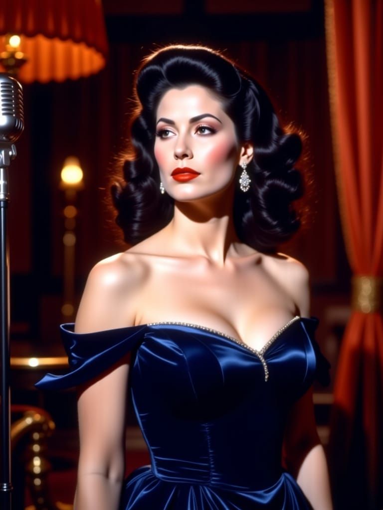 Sauvanne Sings into Microphone in Blue Velvet Gown