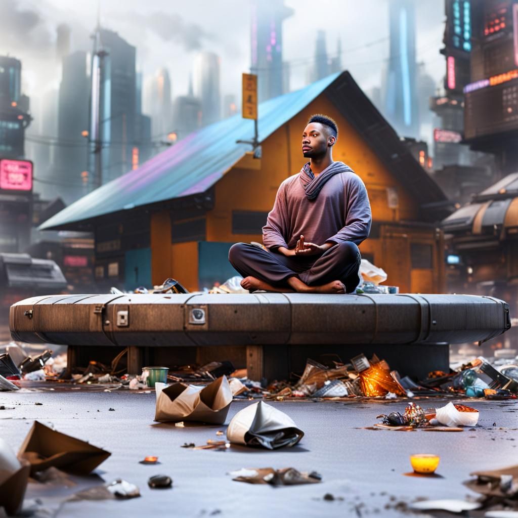Meditating Man in Cyberpunk Cityscape