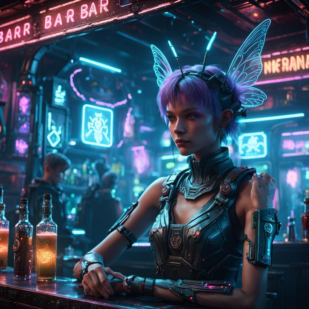 Cyberpunk Fairy Bartender at Neon Lit Pub