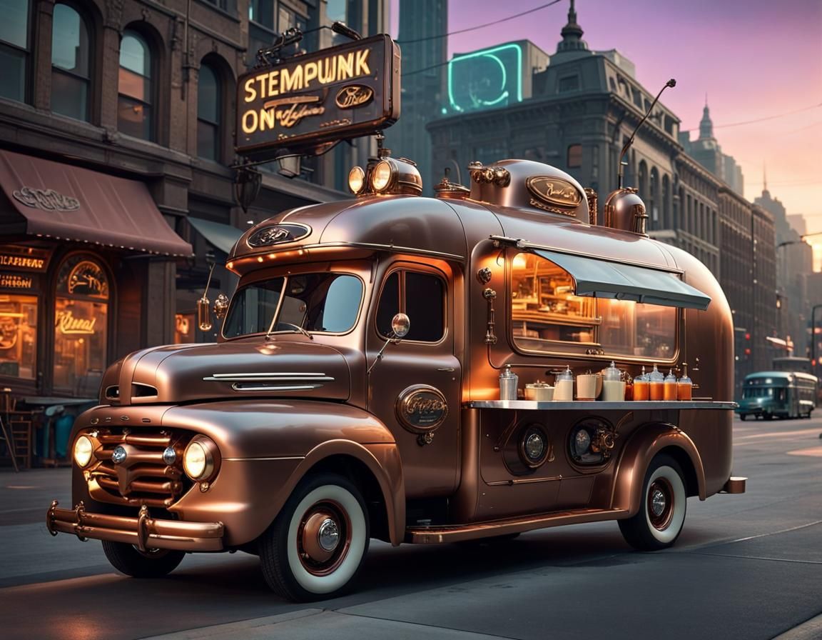 Steampunk Food Truck on Futuristic City Street