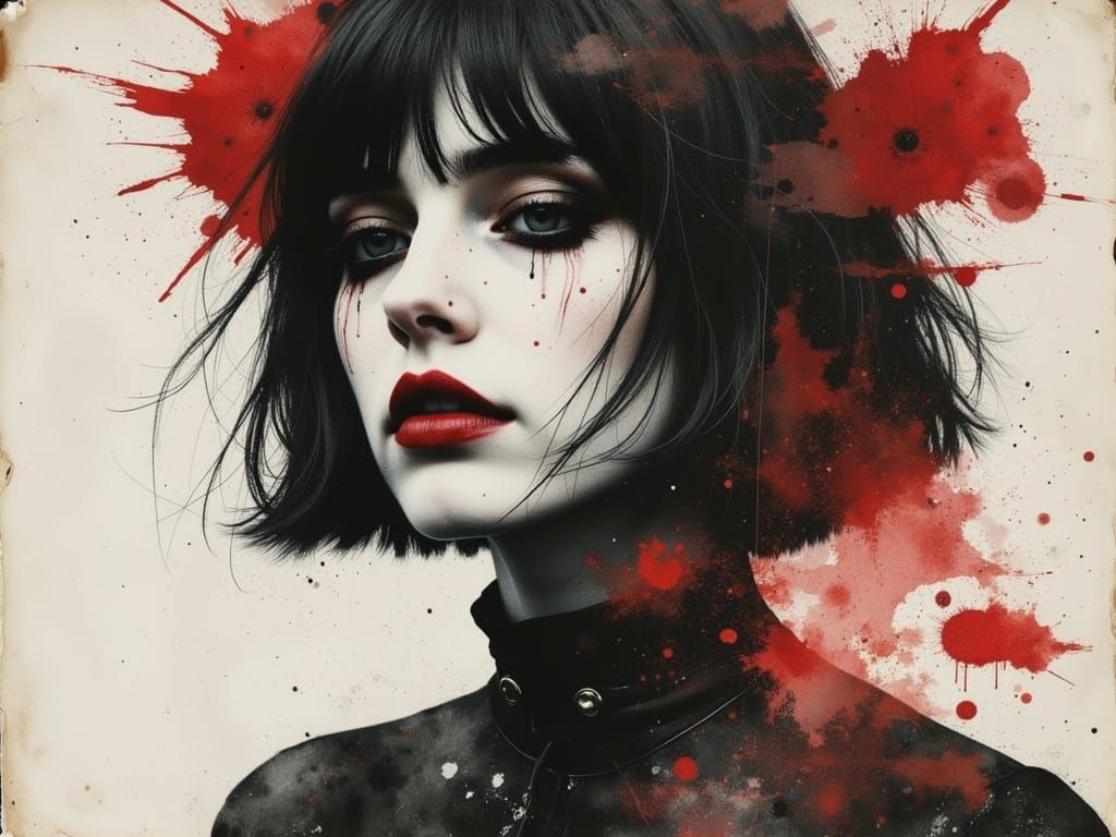 Gothic Ethereal Woman Portrait in Watercolor and Ink