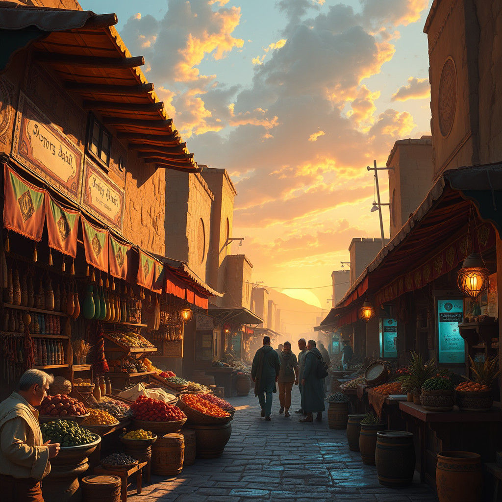 Vibrant Kosher Street Market at Sunset, Matte Painting