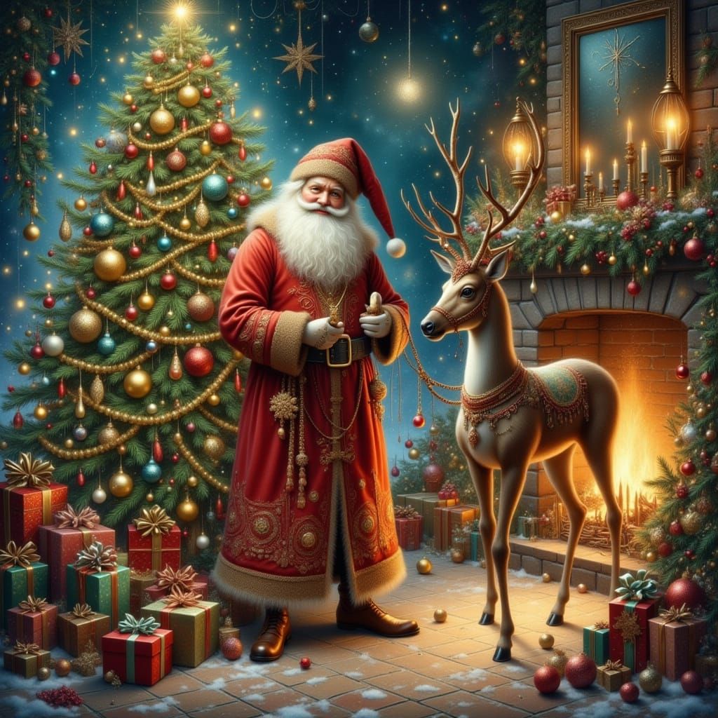 Santa Claus and Reindeer by Christmas Tree