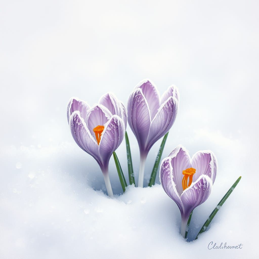 Pale Purple Crocus Blooms in Winter Wonderland