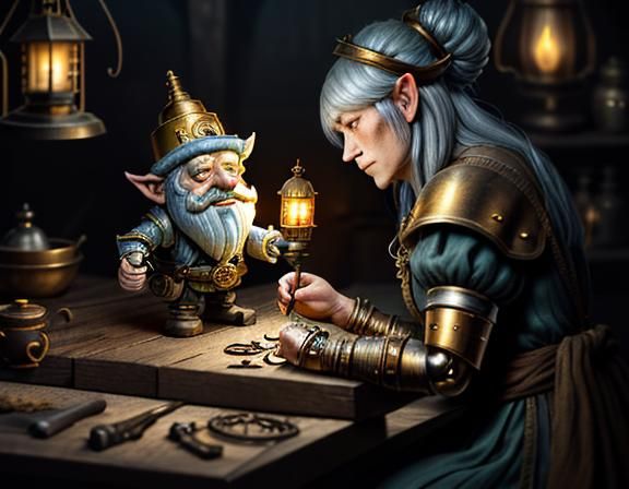Gnome Repairs Automaton: Dark Fantasy Concept Art