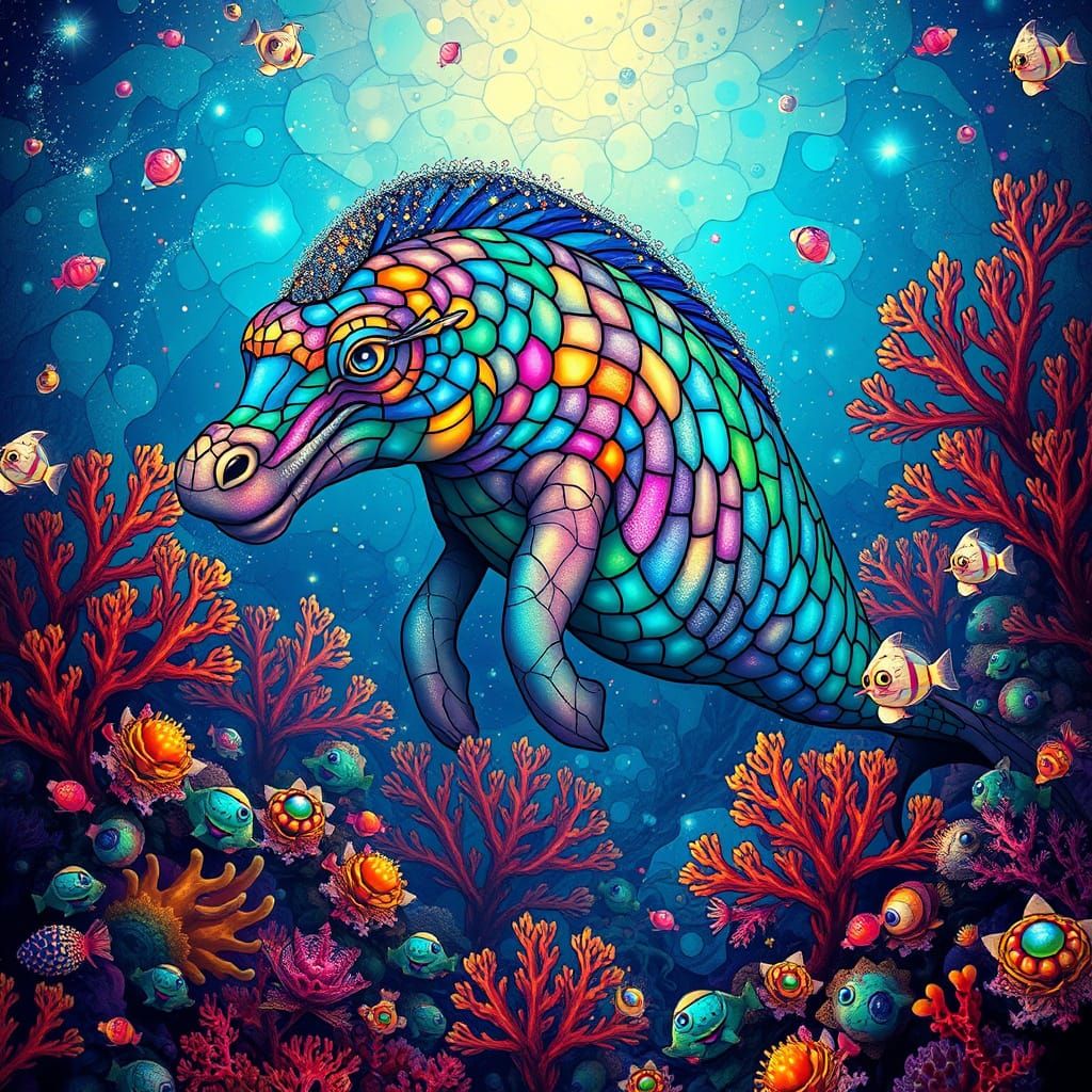 Bioluminescent Stained Glass Seahorse in Art Nouveau Style