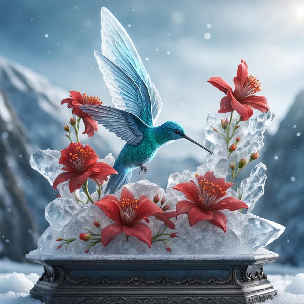 Intricate Ice Sculpture of Hummingbird and Flowers