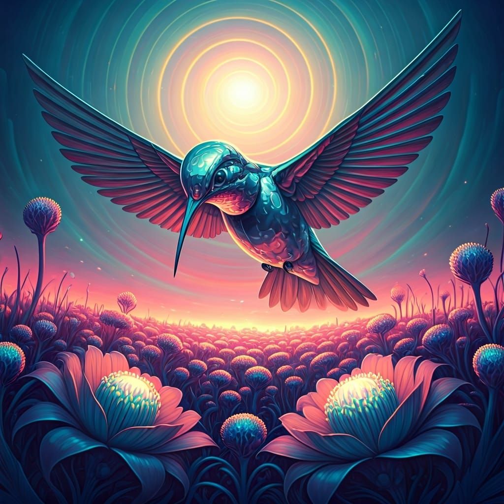 Chrome Hummingbird Sipping Nectar in Alien Flora