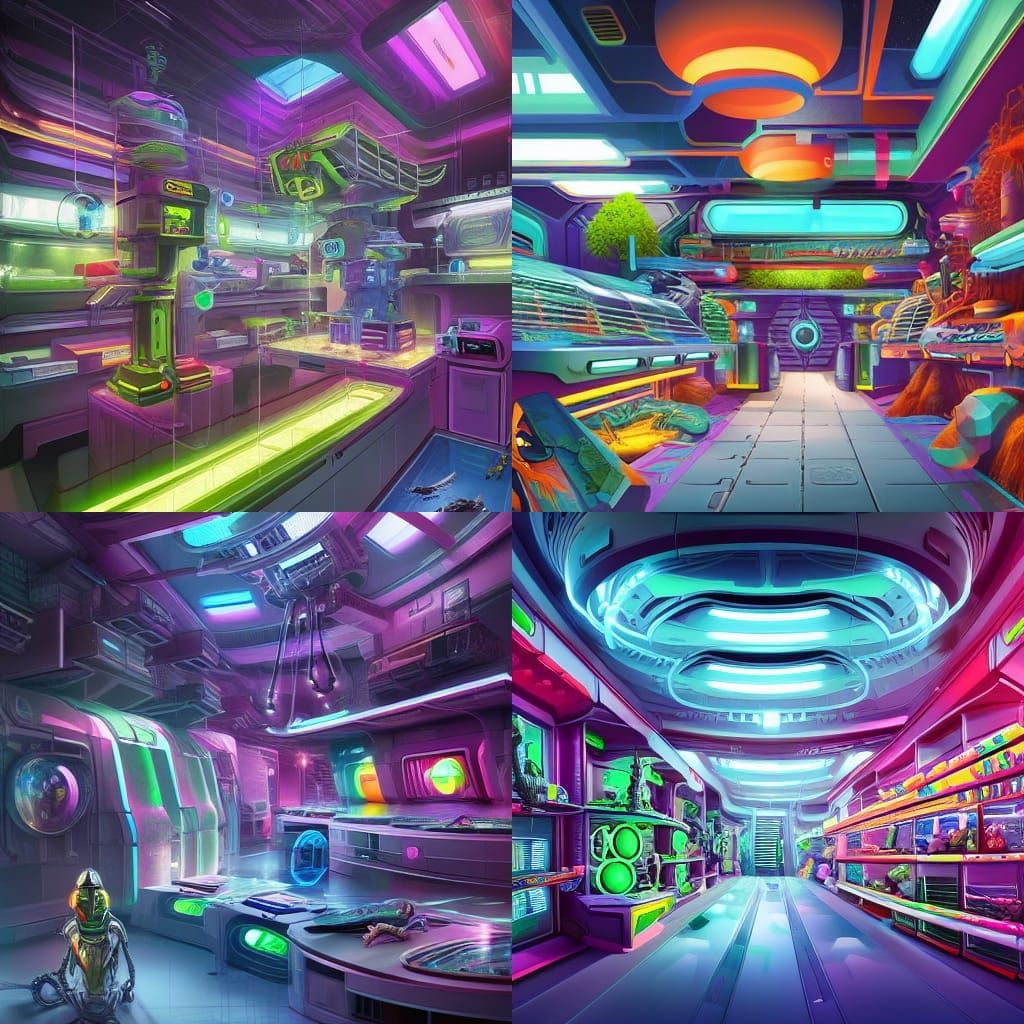 Colorful Sci-Fi Cyborg Pet Store: High-Tech Matte Painting