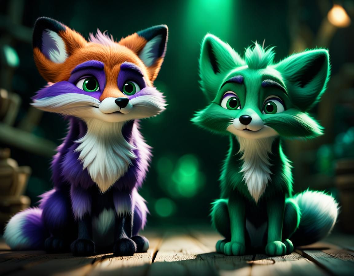 Fluffy Pixar Fox Portrait in Purple and Green