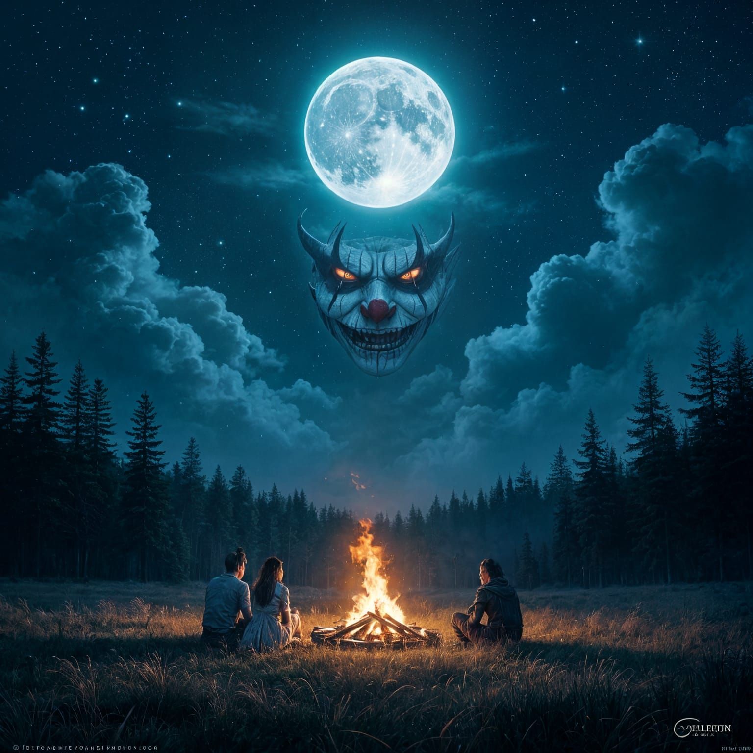 Bonfire Night with Sinister Clown in Moonlight