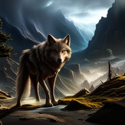 Fray Wolf Howling in Mountain Landscape