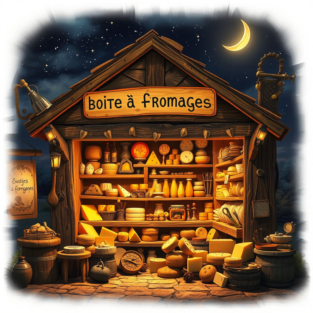 Whimsical French Cheese Shop Under Starry Sky