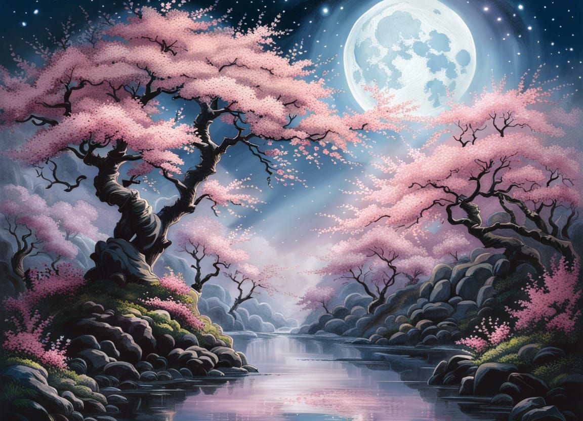 Cherry Blossoms in Ink Painting Style