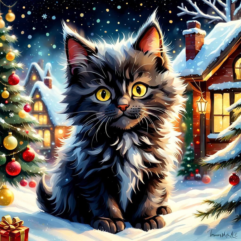 Cute Christmas Kitten in Whimsical Digital Painting