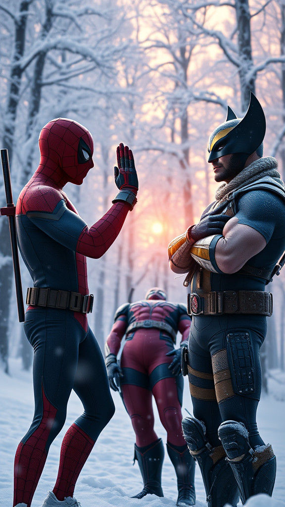 Heroes in Winter Forest at Sunset