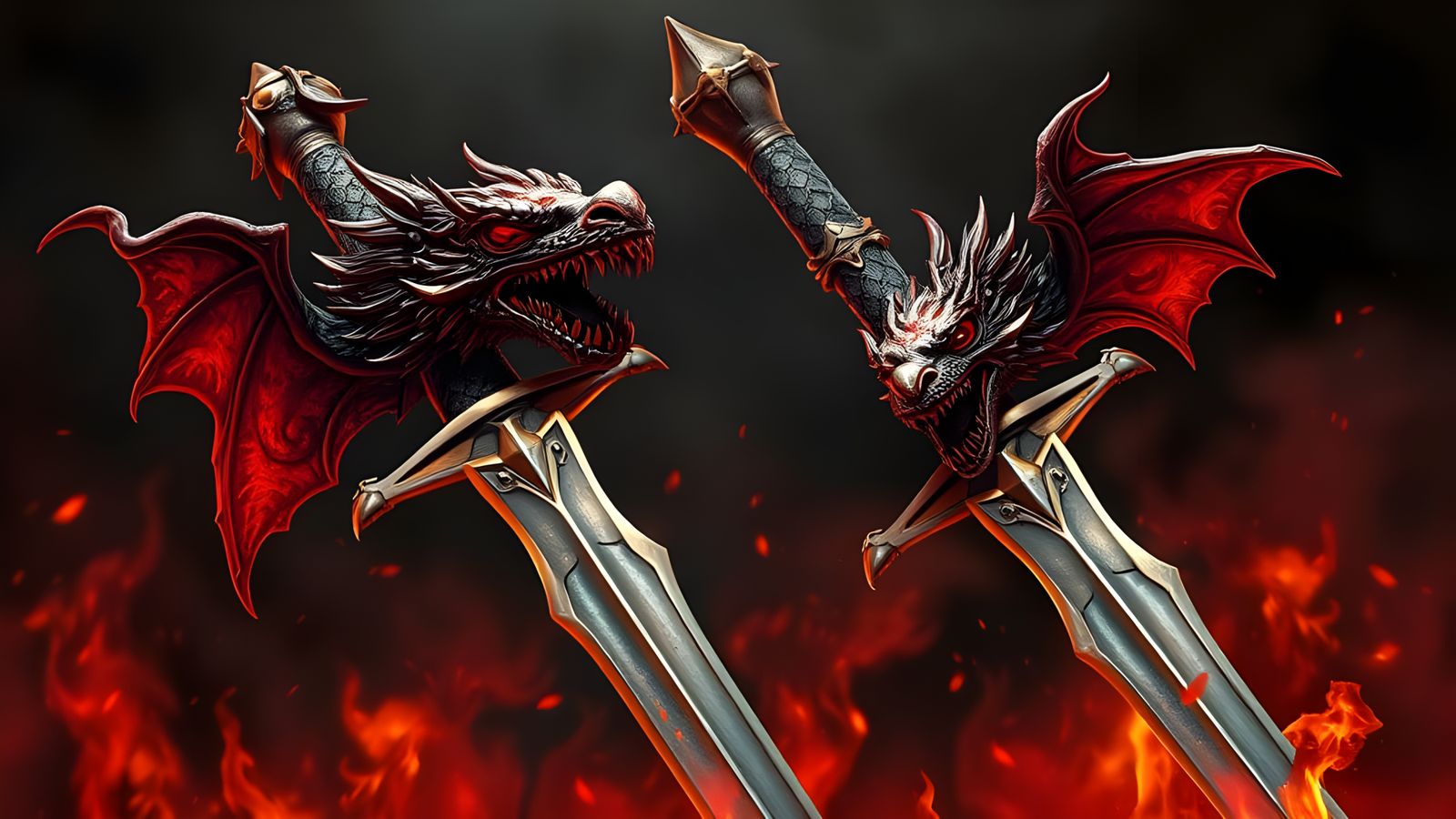 Swords with Dragon Handles in Dark Fantasy Scene