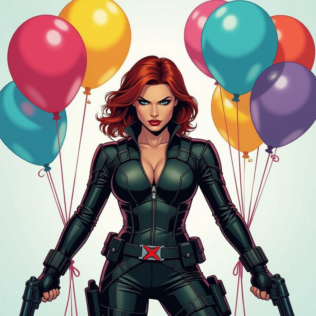 Black Widow Biker Intimidates Balloons, Comic Book Style