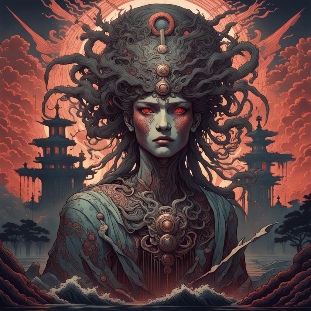 16k resolution, art by Gustave Doré, Alphonse Mucha, Katsushika Hokusai, Kazuma Kaneko, a terrifying fusion of Art Nouve...