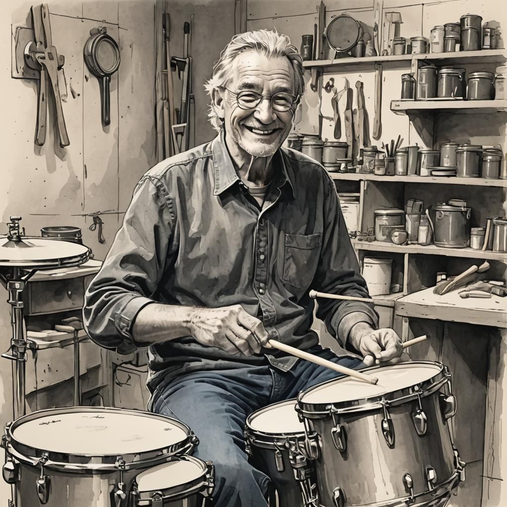 Sketch of a Happy Father Drummer in Garage