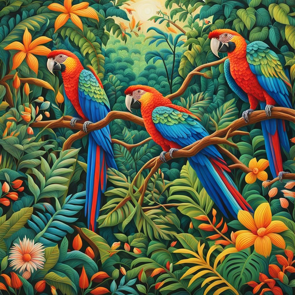 Lush Amazon Jungle with Colorful Birds in Folk Art