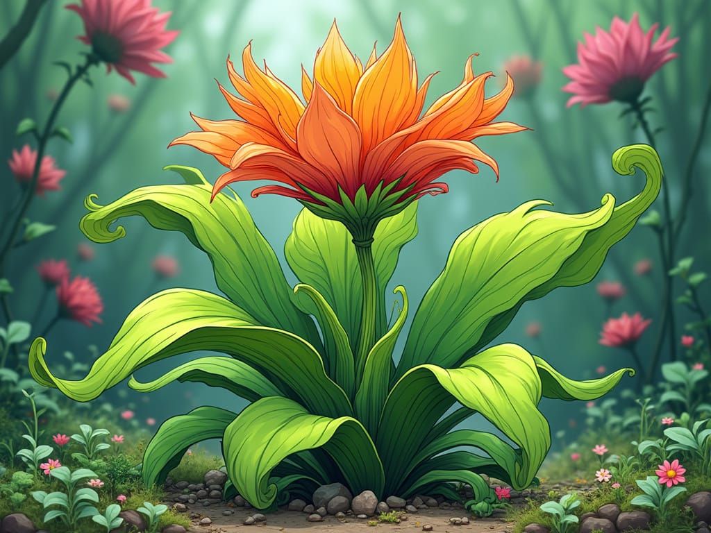 Whimsical Cartoon Plant in a Fantastical Garden