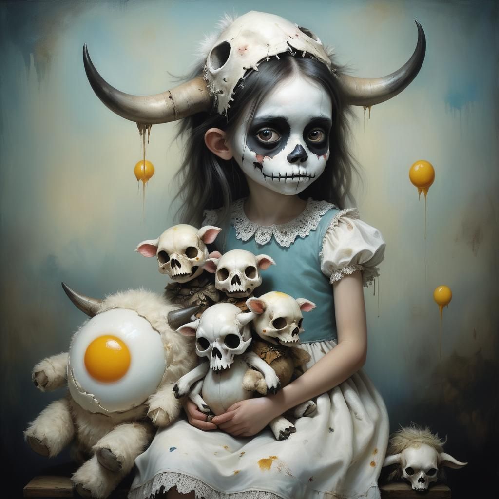 Surreal Portrait of Girl with Cow Skulls