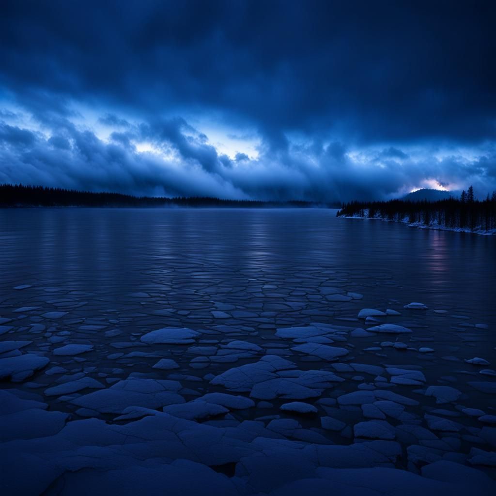 Freezing Lake Blizzard at Sunset