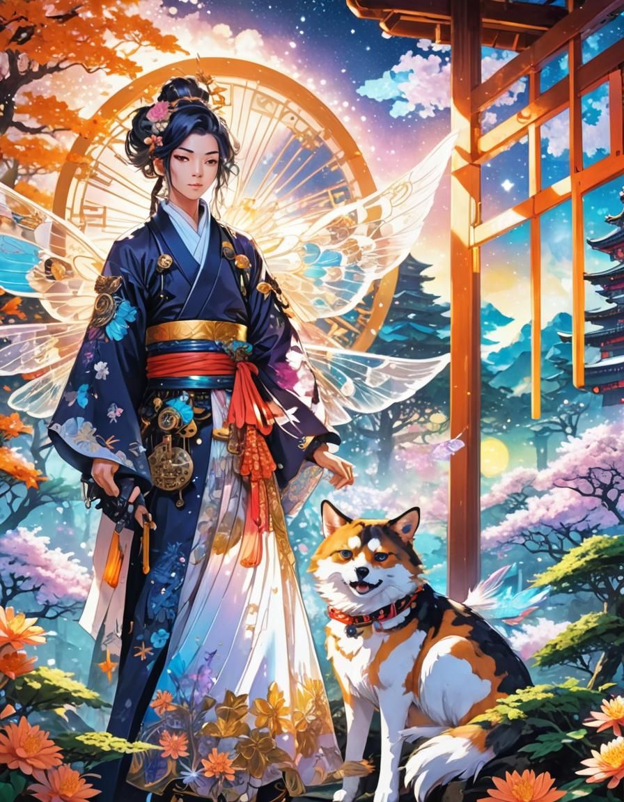 Steampunk Samurai in Bioluminescent Forest: Clockpunk Anime ...