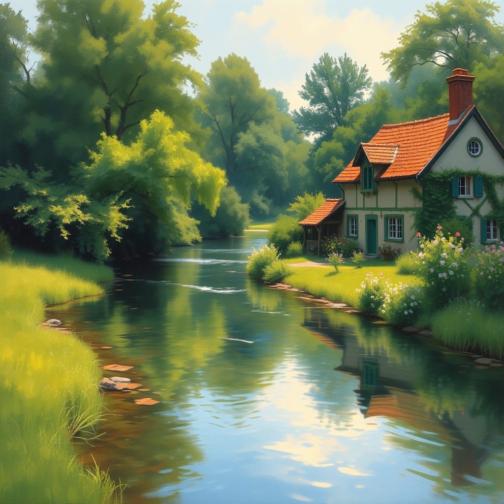 River Scene in Impressionist Style with Green Banks and Cott...