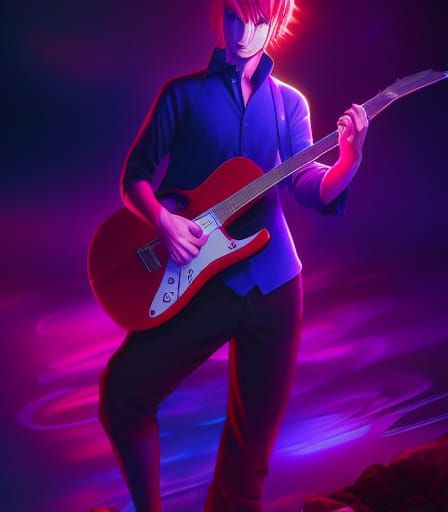 [raiyuki, (handsome man with red hair), playing guitar], 8k resolution concept art, (by Liang Xing, Julie Bell and David...