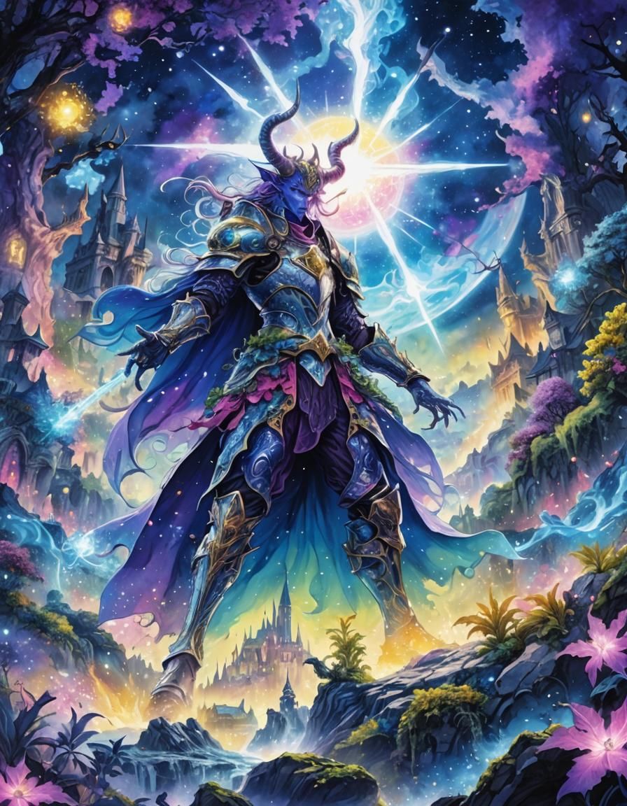 Epic Josei Manga Style Wizard Knight in Cursed Armor Casts S...