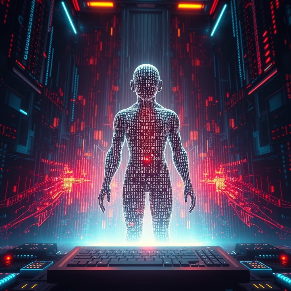 Sentient Binary Code Figure Emerges From Screen