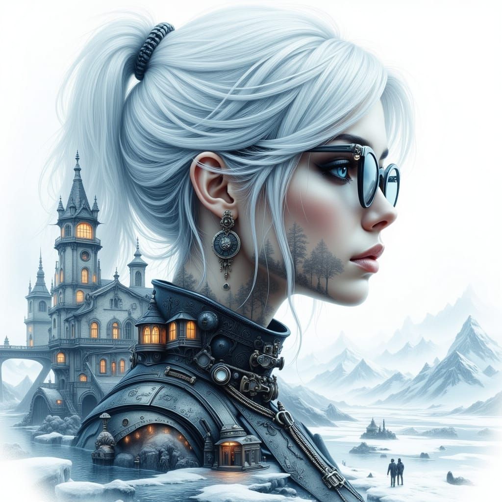 Steampunk Double Exposure Sketch of Station and Girl