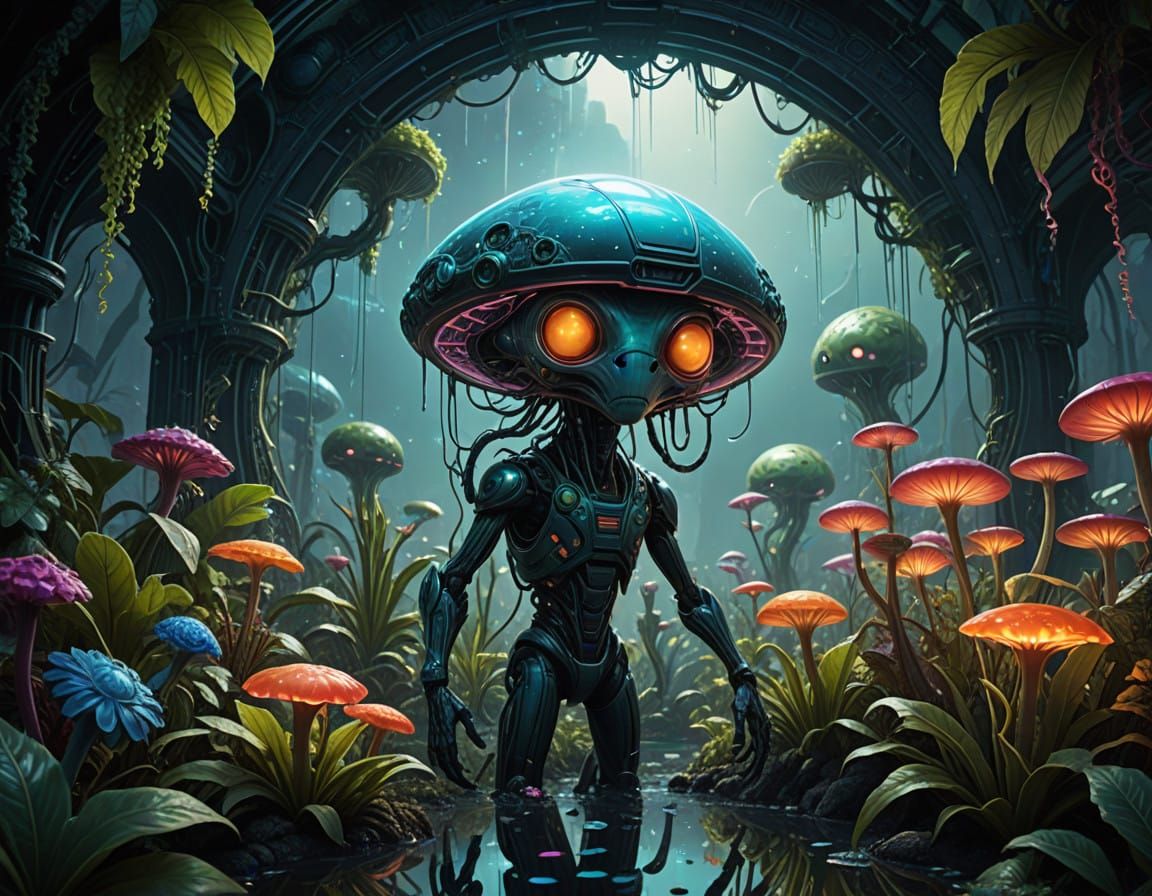 Vibrant Surreal Hydroponic Garden in Extraterrestrial Style