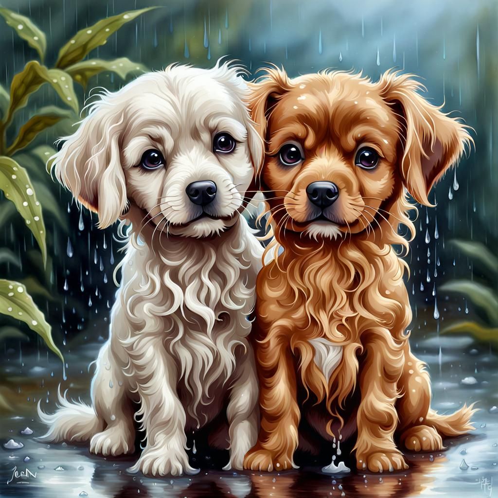 Watercolor Puppies Cuddle in the Rain