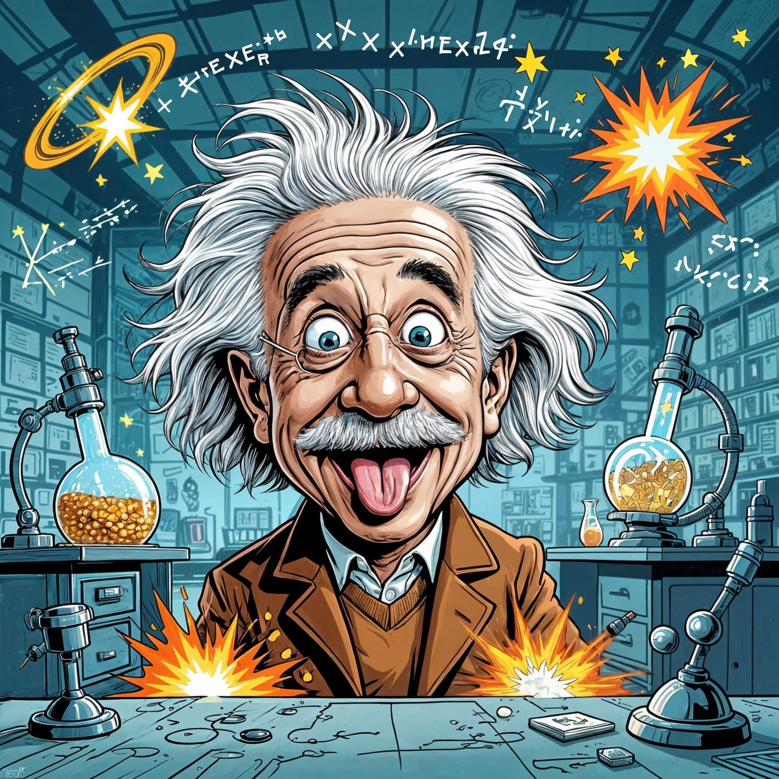 Playful Albert Einstein Caricature with Wild Hair and Twinkl...