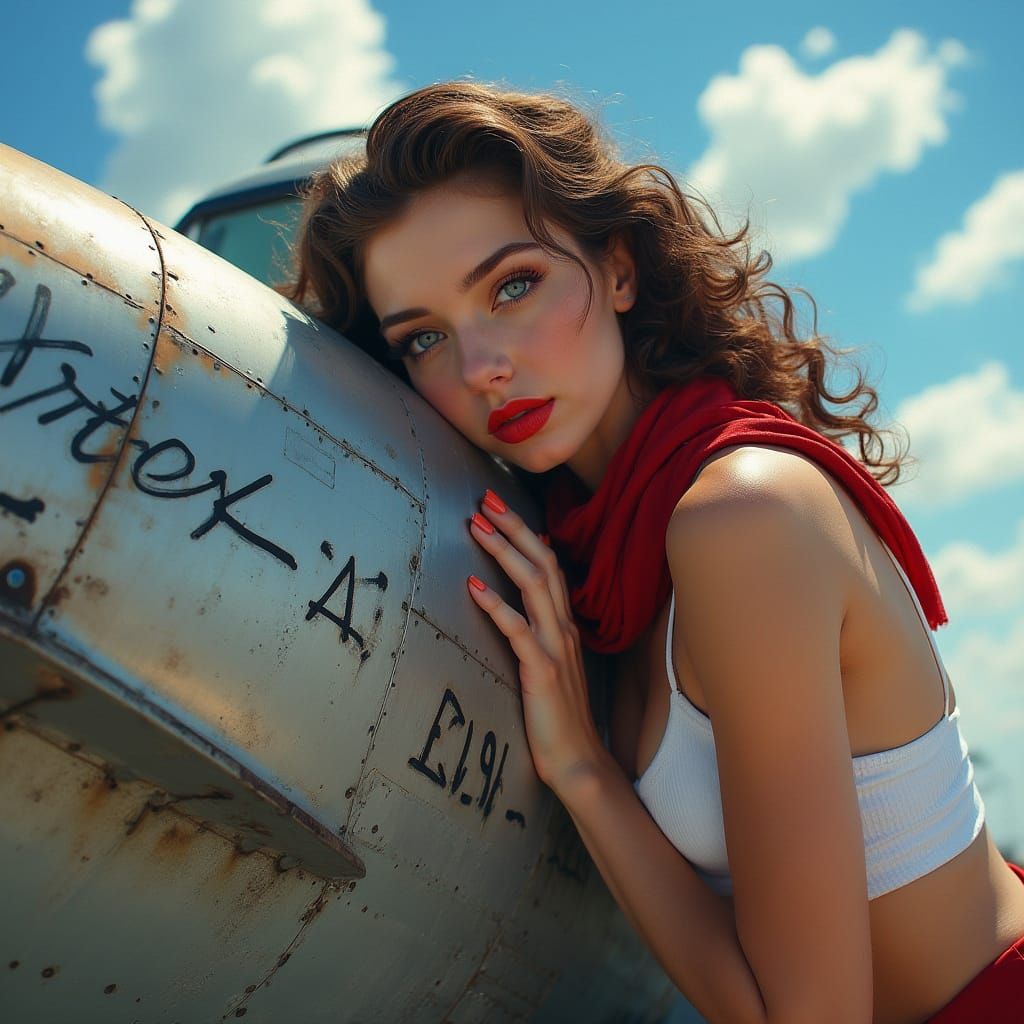 Seductive Pinup Girl Nose Art on Vintage Aircraft in Hyperre...