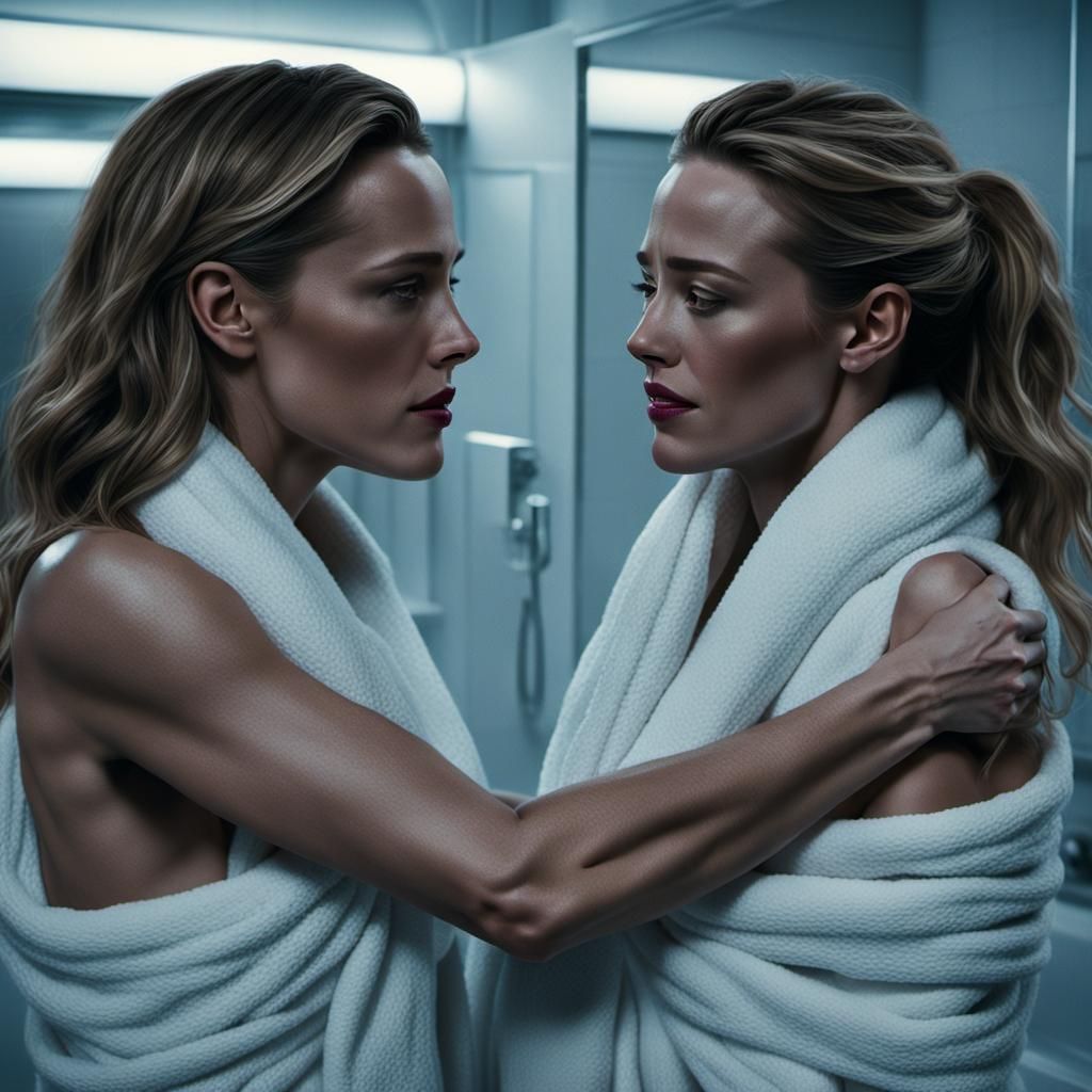 incredible realism, a close-up, comforting pose, of two dark blonde girls, Jennifer Garner (tall 4.1), and Amber Heard a...