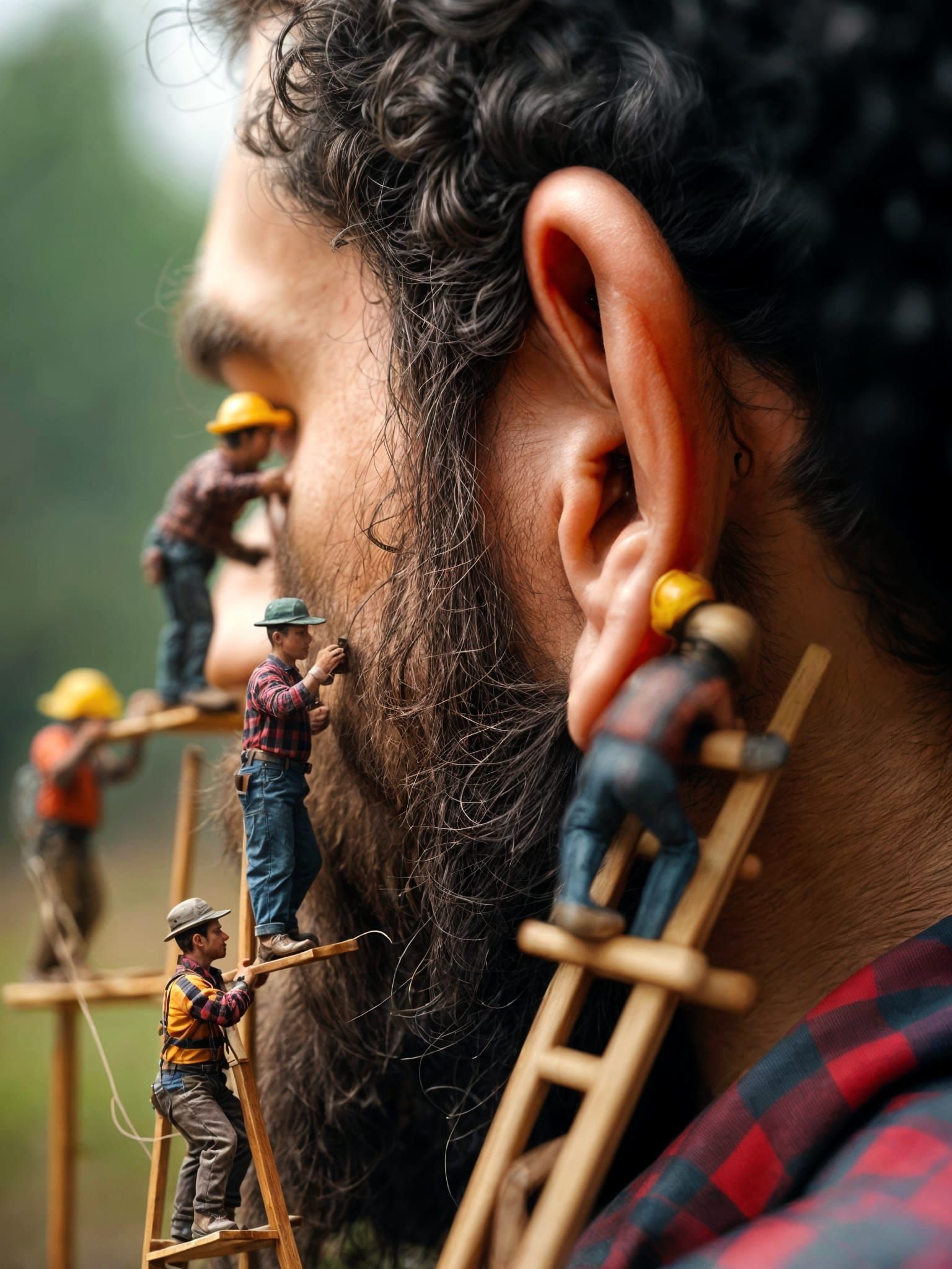 Hyperrealistic Macro Scene of Hairy Man and Miniature Lumber...