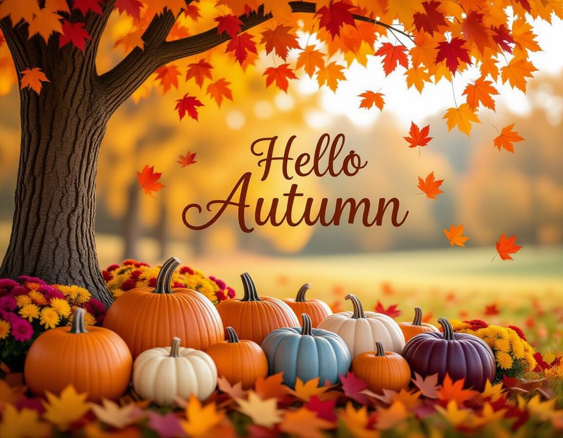 Whimsical Autumn Scene with Hello Autumn Text