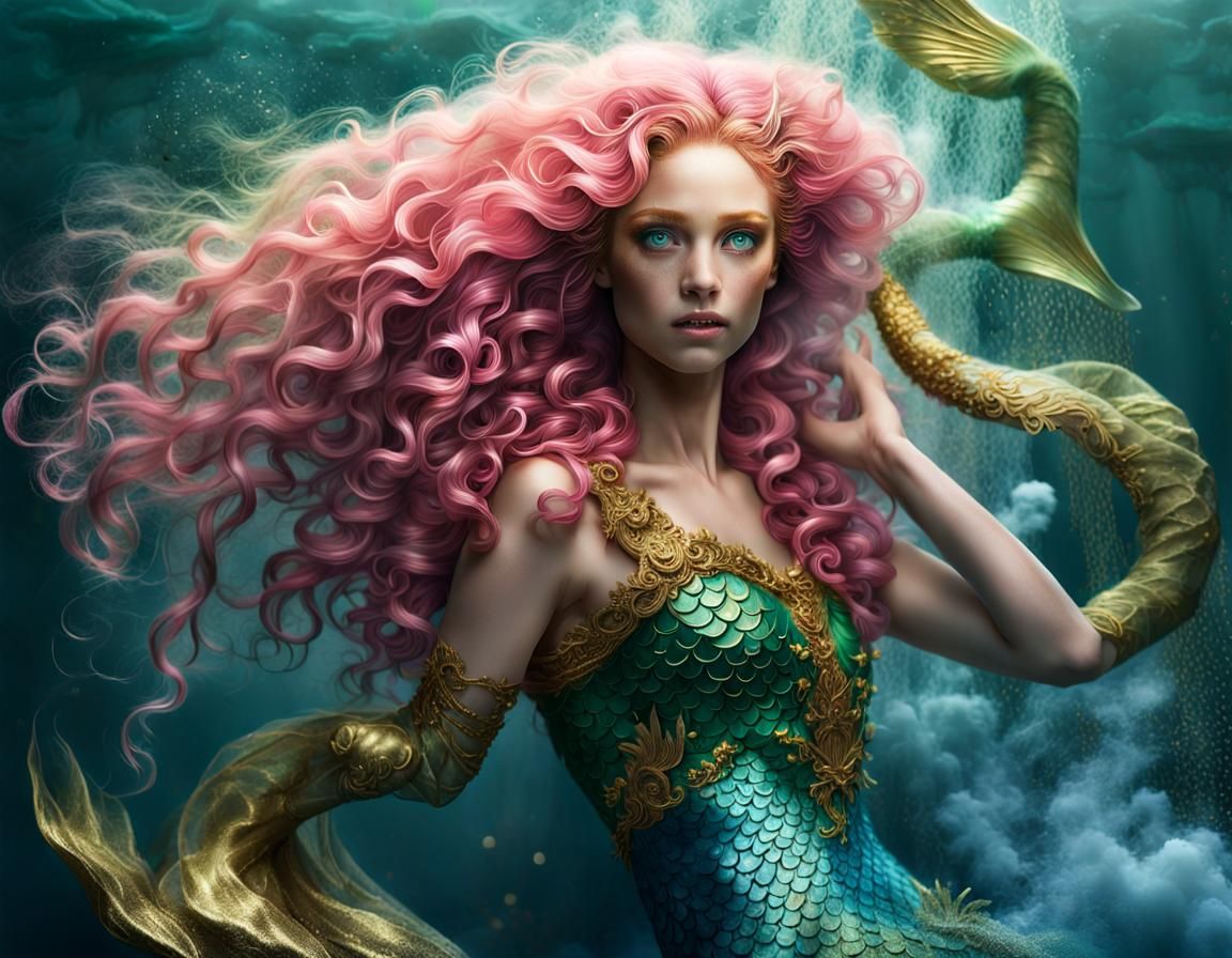 Ultra-Realistic Mermaid with Gilded Dress in Stormy Sea