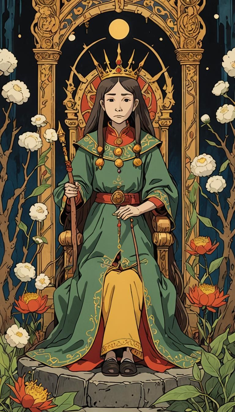 Queen of Wands Tarot in Studio Ghibli Style