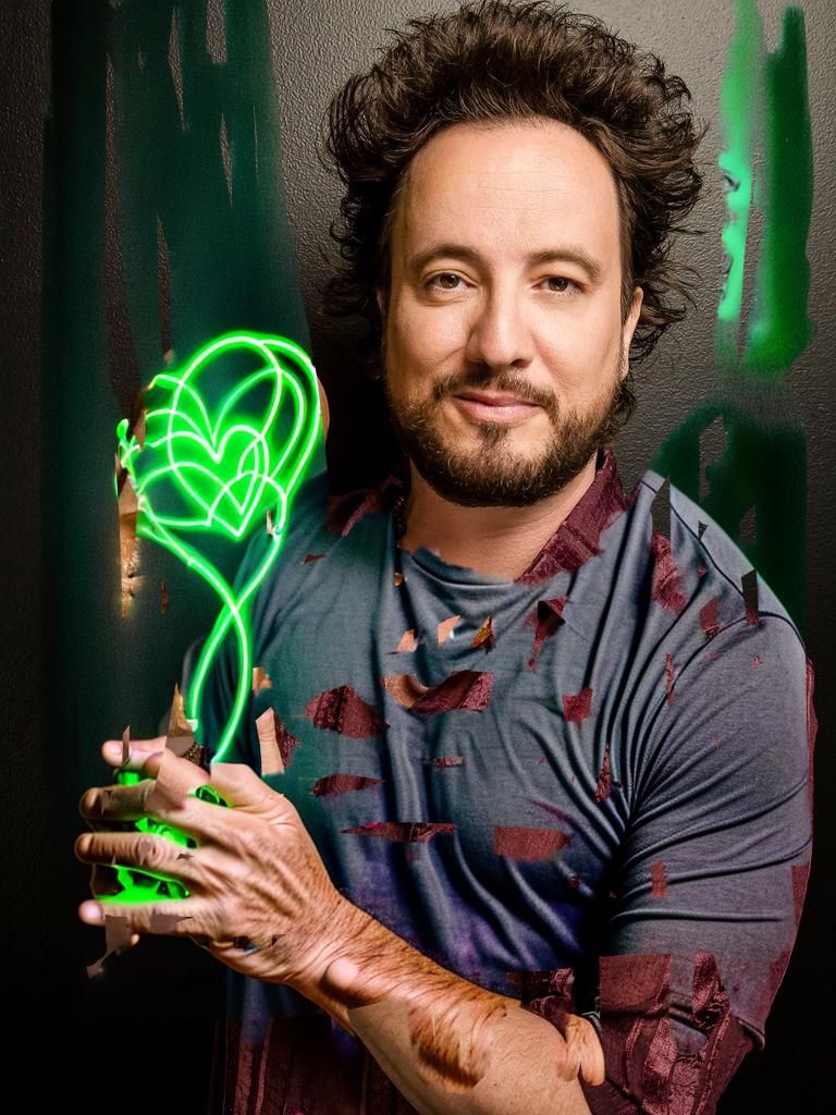 Giorgio Tsoukalos with the body of a tall grey-green colored alien