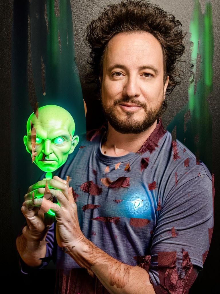 Giorgio Tsoukalos with the body of a tall grey-green colored alien