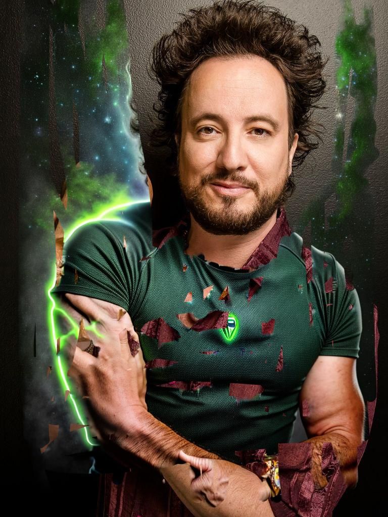 Giorgio Tsoukalos with the body of a tall grey-green colored alien