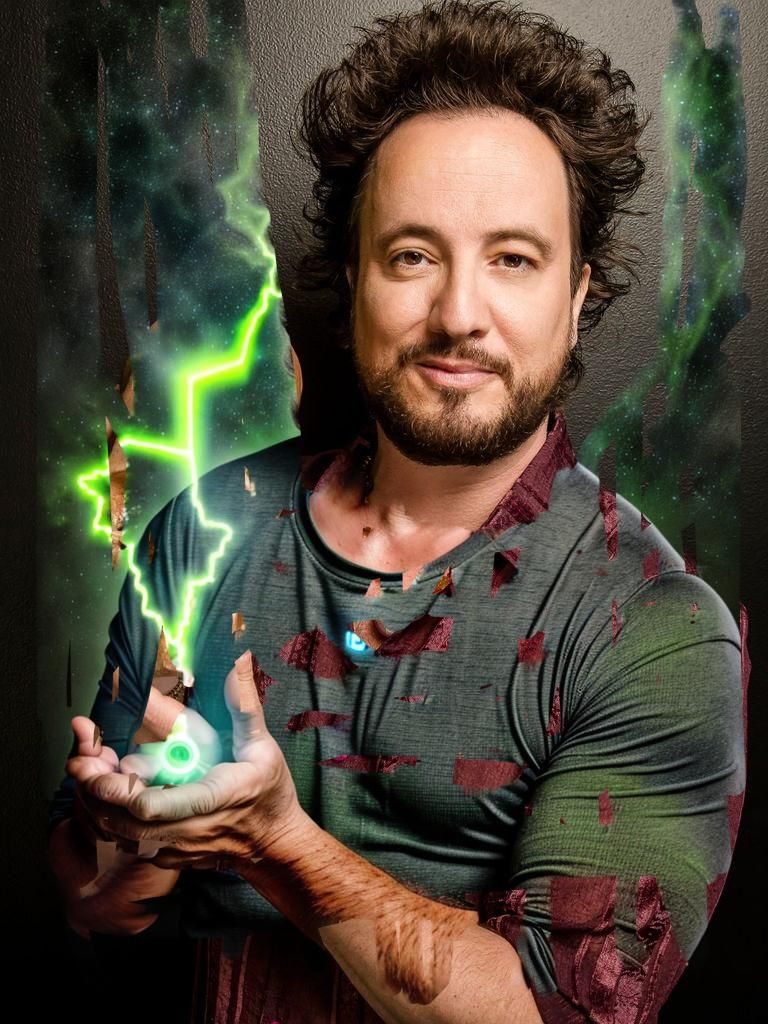 Giorgio Tsoukalos with the body of a tall grey-green colored alien