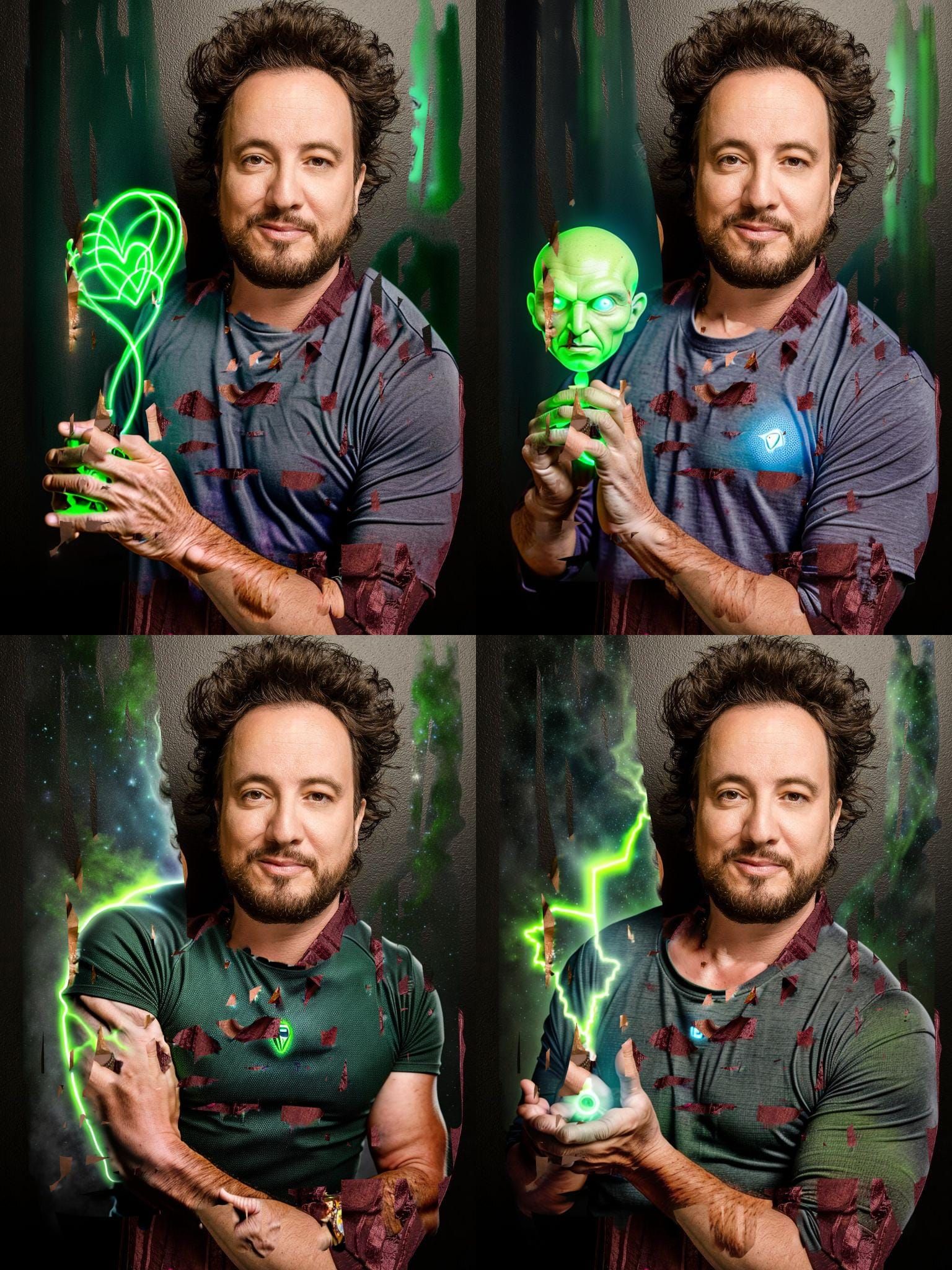 Giorgio Tsoukalos with the body of a tall grey-green colored alien