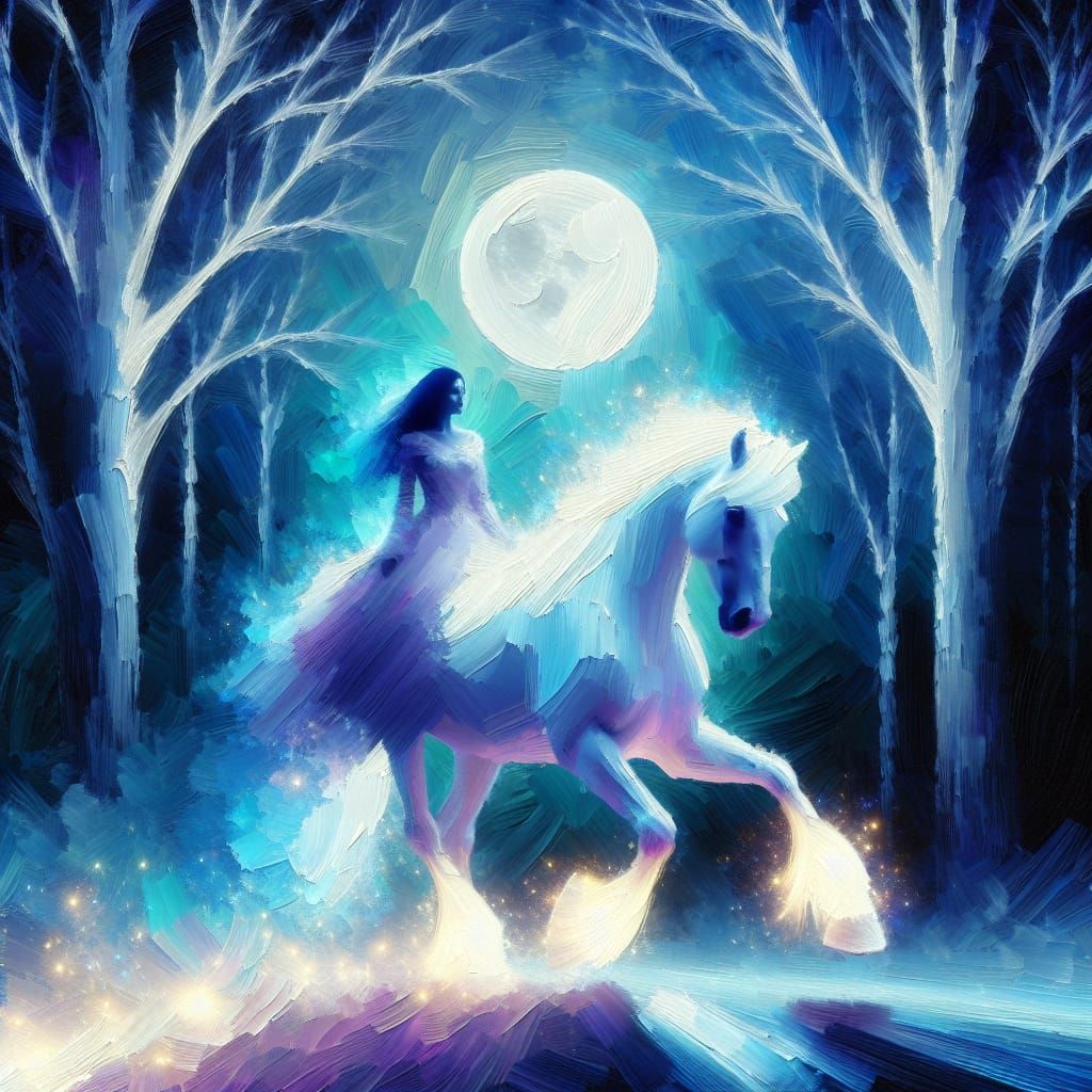 Glowing white horse gallops through a moonlit forest