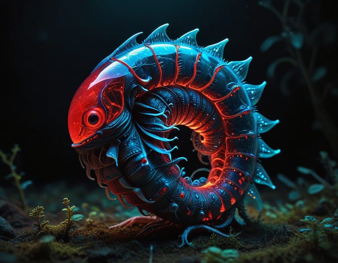 Crimson Bioluminescent Entity in Surreal Fibonacci Sequence